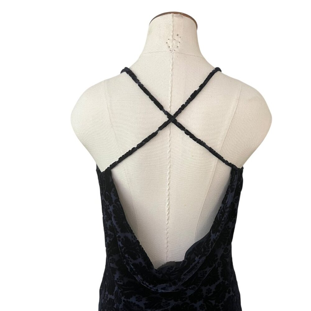 Vintage Velvet Burnout Slinky Cowl Maxi Gown Navy 4 Witchy Whimsygoth Vampire - Picture 7 of 14